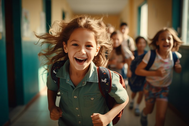 A smiling young girl walking through school
