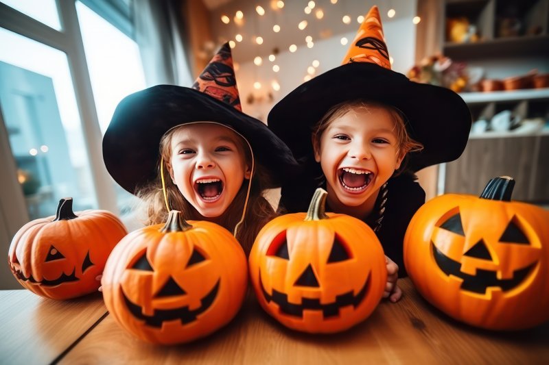 two children laughing and dressed up for Halloween